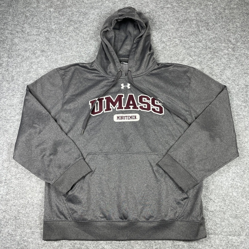 UMass Minutemen Hoodie Mens XL Gray Under Armour Fleece Pullover Sweatshirt